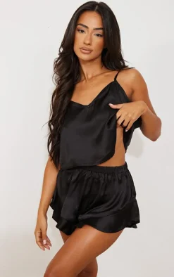 Petite Black Satin Frill Cami Short PJ Set