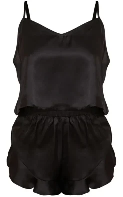Petite Black Satin Frill Cami Short PJ Set