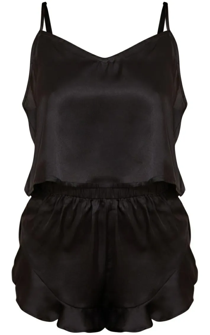 Petite Black Satin Frill Cami Short PJ Set