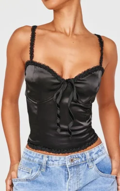 PrettyLittleThing Corsets*Petite Satin Rose Trim Detail Corset Top