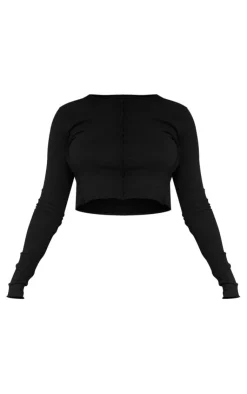 New PrettyLittleThing Petite Seam Detail Long Sleeve Top Black