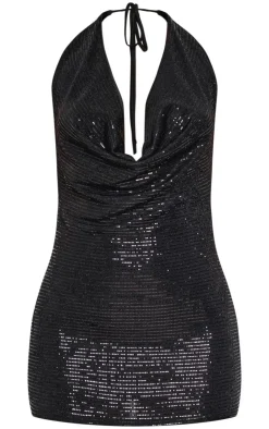 Petite Sequin Cowl Neck Open Back Mini Dress-PrettyLittleThing