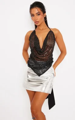 Petite Sequin Tie Back Crop Top-PrettyLittleThing