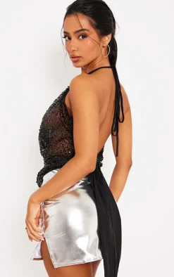 Petite Sequin Tie Back Crop Top-PrettyLittleThing