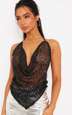 Petite Sequin Tie Back Crop Top-PrettyLittleThing