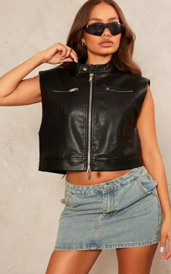 PrettyLittleThing Faux Leather Jackets*Petite Sleeveless Collared Faux Leather Vest