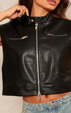 PrettyLittleThing Faux Leather Jackets*Petite Sleeveless Collared Faux Leather Vest