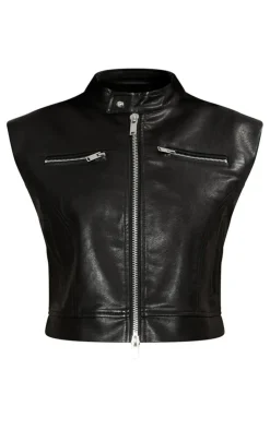 PrettyLittleThing Faux Leather Jackets*Petite Sleeveless Collared Faux Leather Vest