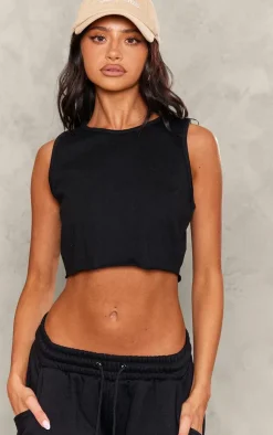 Best PrettyLittleThing Petite Sleeveless Raw Edge Tank Top Black