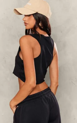 Best PrettyLittleThing Petite Sleeveless Raw Edge Tank Top Black