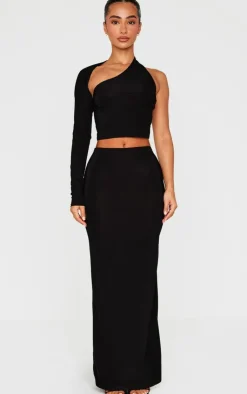 Hot PrettyLittleThing Petite Slinky High Waist Maxi Skirt Black