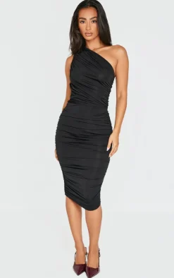 Petite Slinky Ruched One Shoulder Longline Midi Dr-PrettyLittleThing Hot