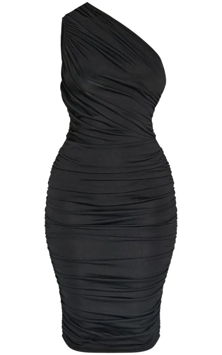 Petite Slinky Ruched One Shoulder Longline Midi Dr-PrettyLittleThing Hot