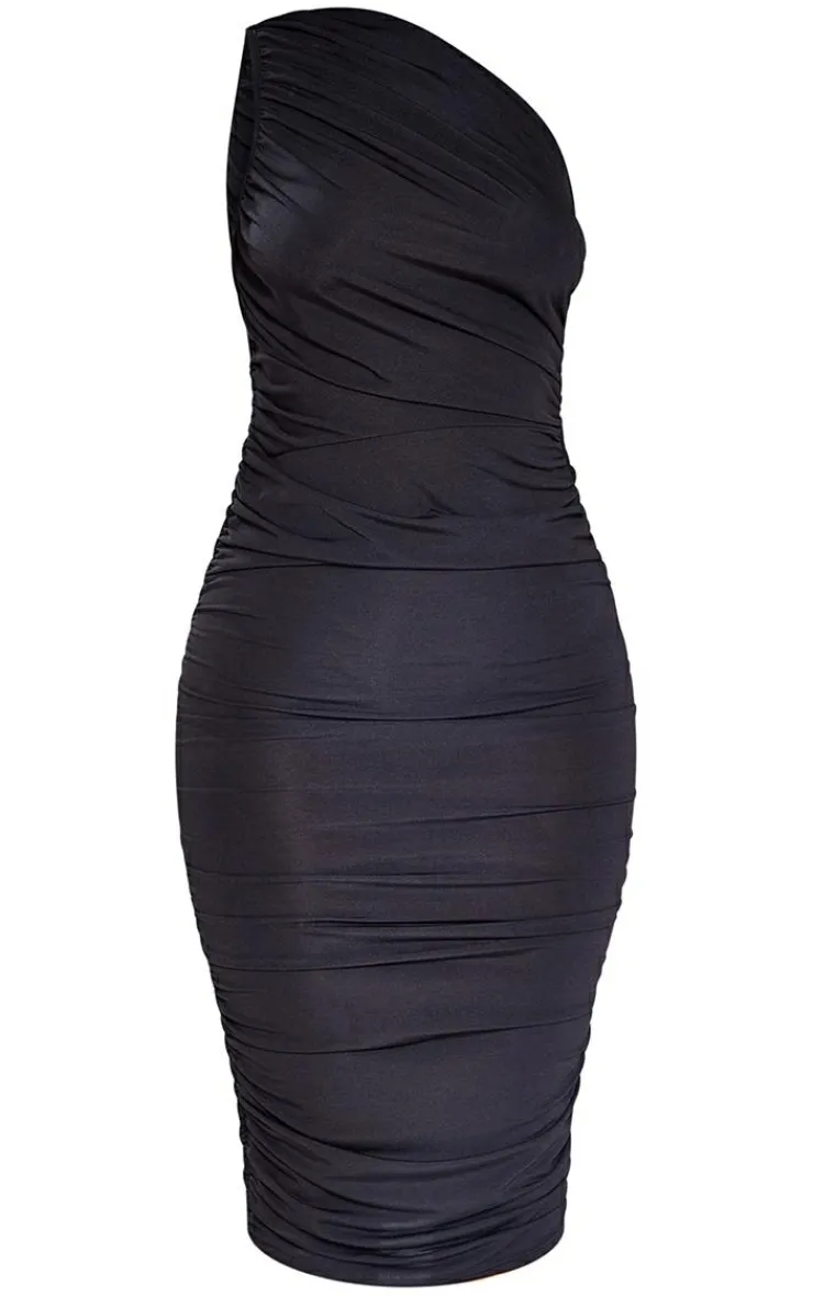 Petite Slinky Ruched One Shoulder Longline Midi Dr-PrettyLittleThing Hot