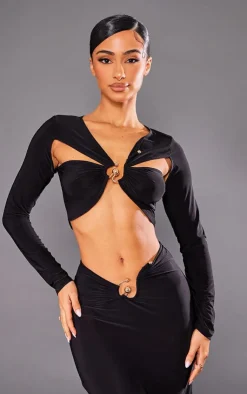 Sale PrettyLittleThing Petite Slinky Trim Detail Asymmetric Crop Top Black