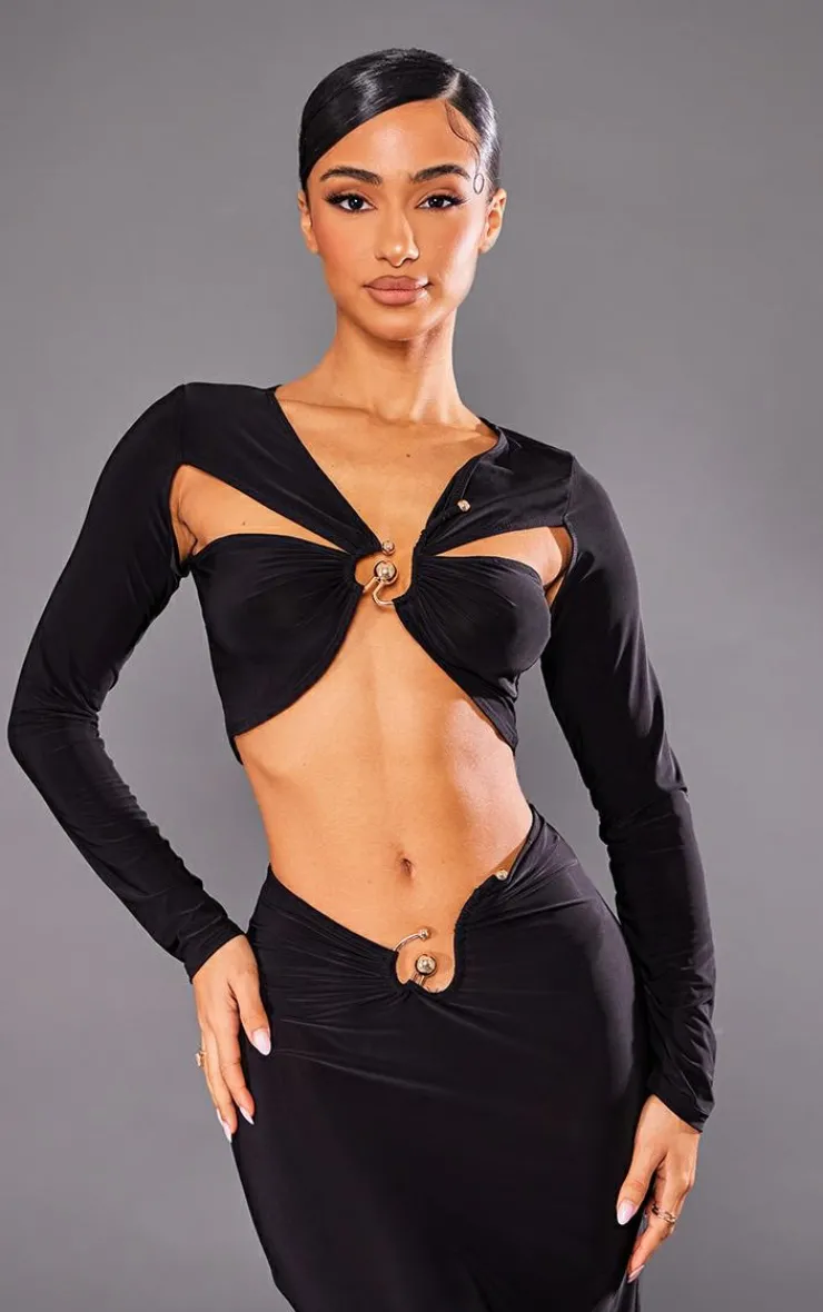 Sale PrettyLittleThing Petite Slinky Trim Detail Asymmetric Crop Top Black