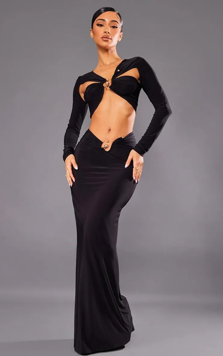 Sale PrettyLittleThing Petite Slinky Trim Detail Asymmetric Crop Top Black