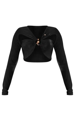 Sale PrettyLittleThing Petite Slinky Trim Detail Asymmetric Crop Top Black