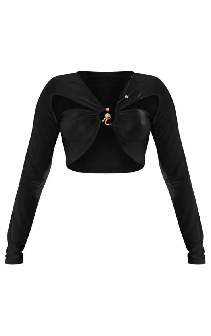 Sale PrettyLittleThing Petite Slinky Trim Detail Asymmetric Crop Top Black