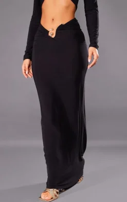 New PrettyLittleThing Petite Slinky Trim Detail Midaxi Skirt Black