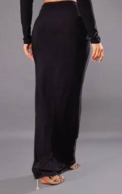 New PrettyLittleThing Petite Slinky Trim Detail Midaxi Skirt Black