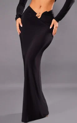 New PrettyLittleThing Petite Slinky Trim Detail Midaxi Skirt Black