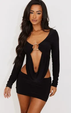 Online PrettyLittleThing Petite Slinky Trim Detail Drape Longsleeve Crop Top Black
