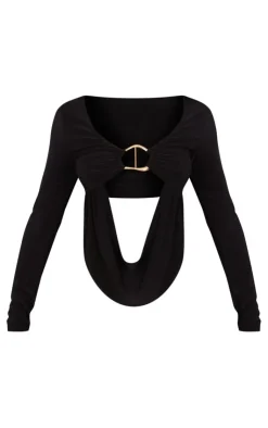 Online PrettyLittleThing Petite Slinky Trim Detail Drape Longsleeve Crop Top Black
