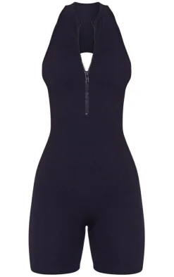 PrettyLittleThing Unitards*Petite Snatched Rib Zip Up Front Unitard