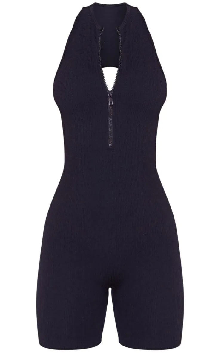 PrettyLittleThing Unitards*Petite Snatched Rib Zip Up Front Unitard