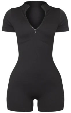 PrettyLittleThing Unitards*Petite Snatched Rib Zip Front Unitard