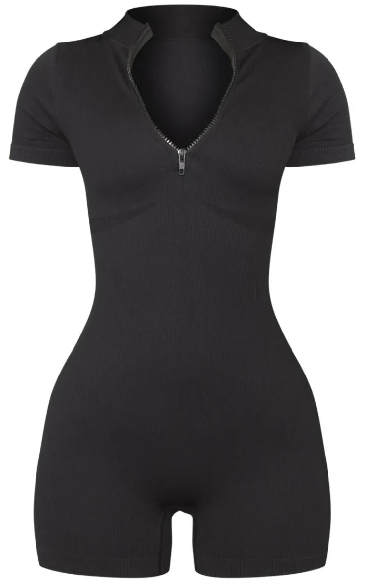 PrettyLittleThing Unitards*Petite Snatched Rib Zip Front Unitard