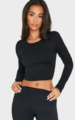 Discount PrettyLittleThing Petite Snatched Sculpt Long Sleeve Top Black