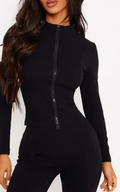 Online PrettyLittleThing Petite Snatched Sculpt Seam Detail Zip Up Top Black