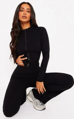 Online PrettyLittleThing Petite Snatched Sculpt Seam Detail Zip Up Top Black
