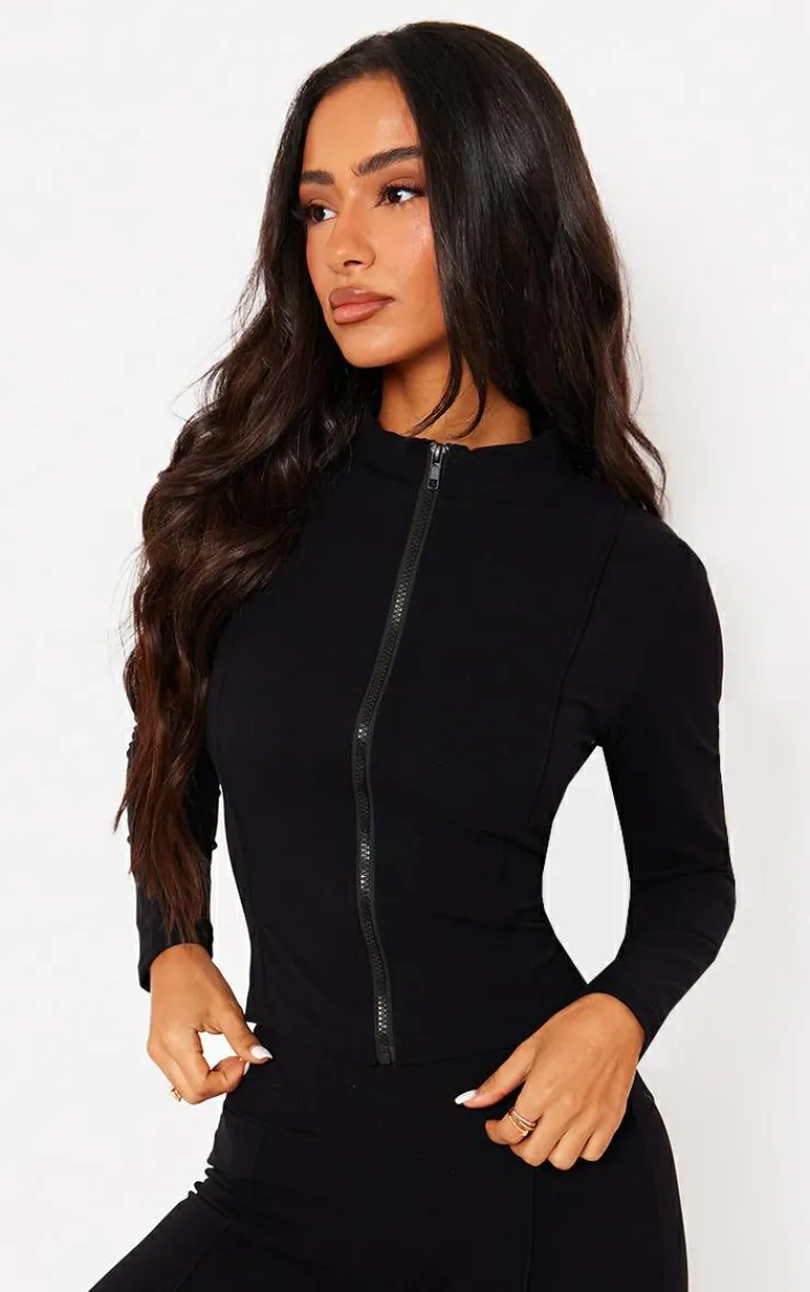 Online PrettyLittleThing Petite Snatched Sculpt Seam Detail Zip Up Top Black