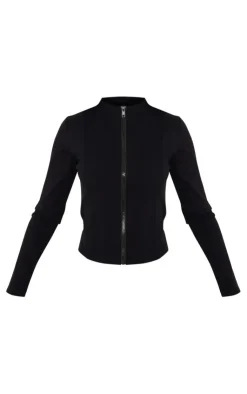 Online PrettyLittleThing Petite Snatched Sculpt Seam Detail Zip Up Top Black