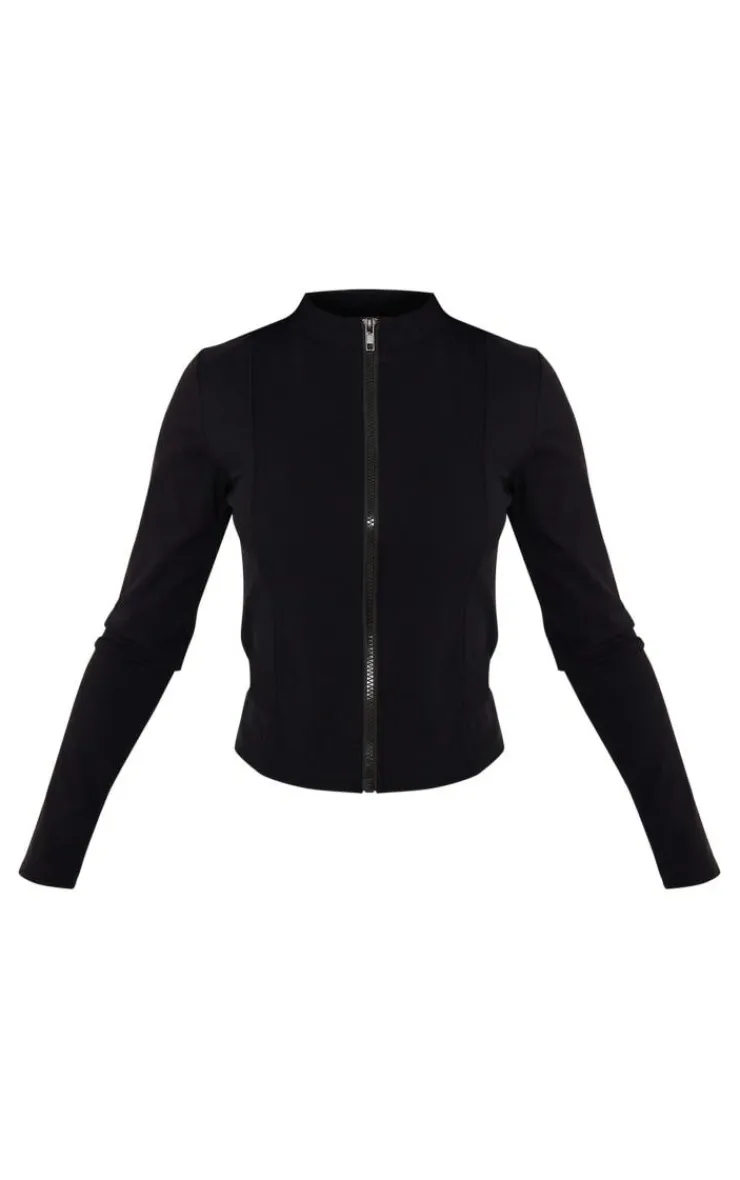 Online PrettyLittleThing Petite Snatched Sculpt Seam Detail Zip Up Top Black