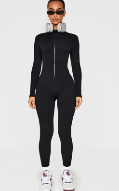 Petite Black Structured Ribbed Jumpsuit