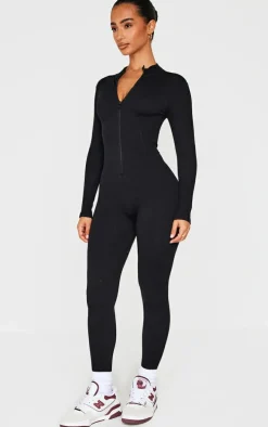 Petite Black Structured Ribbed Jumpsuit