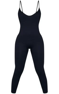 PrettyLittleThing Snatched*Petite Structured Snatched Rib Strappy Plunge Jumpsuit