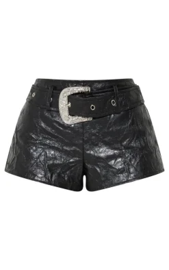 Petite Textured Faux Leather Belt Detail Hotpants-PrettyLittleThing Outlet