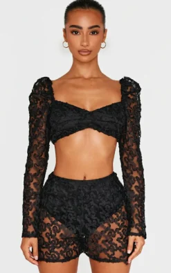 Outlet PrettyLittleThing Petite Textured Woven Shorts Black