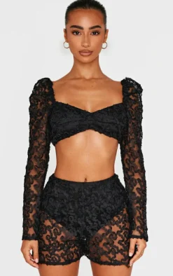 Clearance PrettyLittleThing Petite Textured Woven Mesh Sleeve Crop Top Black