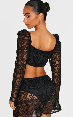 Clearance PrettyLittleThing Petite Textured Woven Mesh Sleeve Crop Top Black