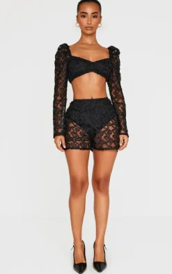 Clearance PrettyLittleThing Petite Textured Woven Mesh Sleeve Crop Top Black