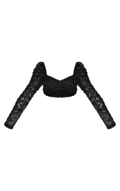 Clearance PrettyLittleThing Petite Textured Woven Mesh Sleeve Crop Top Black