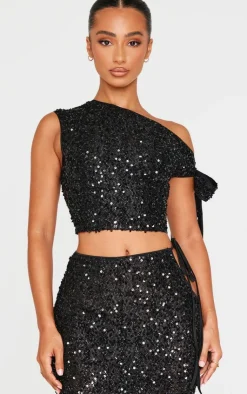 Discount PrettyLittleThing Petite Tie Detail Sequin Top Black