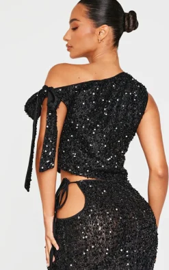 Discount PrettyLittleThing Petite Tie Detail Sequin Top Black