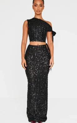 Discount PrettyLittleThing Petite Tie Detail Sequin Top Black